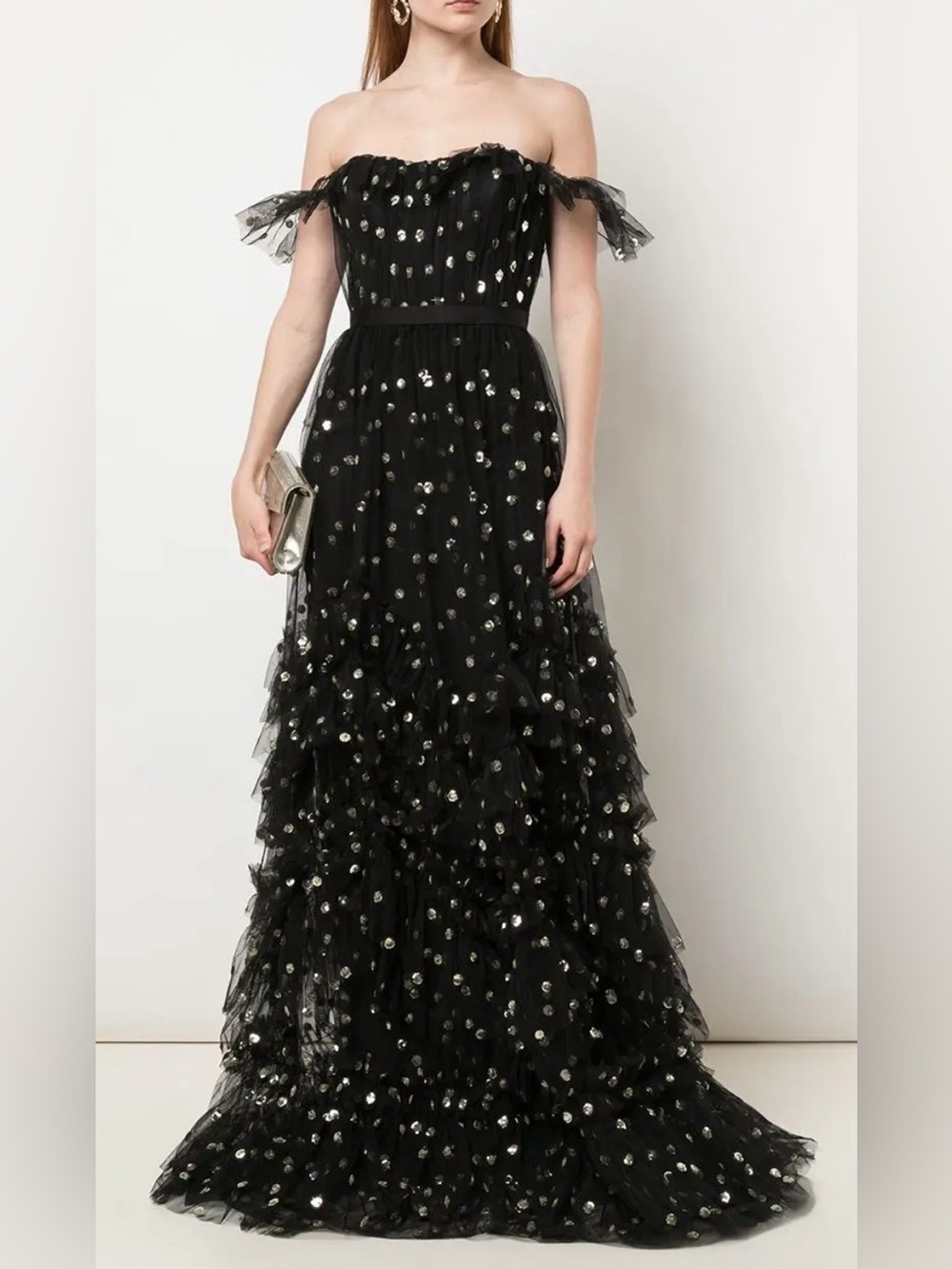 Marchesa Notte Polka Dot Off Shoulder Black and Gold Sequin Tulle Gown, Sz 4